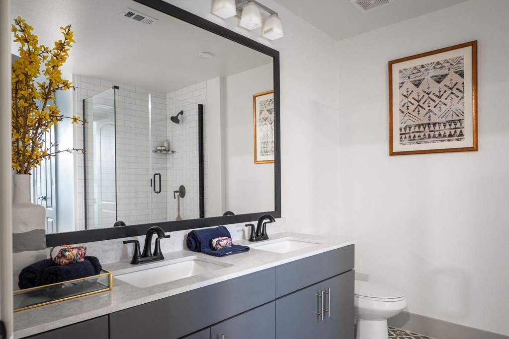a bathroom with two sinks and a large mirror