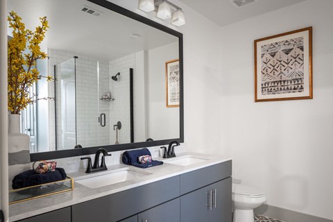 A bathroom with a white sink and a large mirror.
