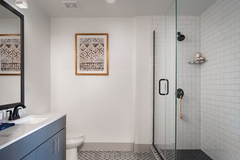A bathroom with a white tiled shower and a white toilet.