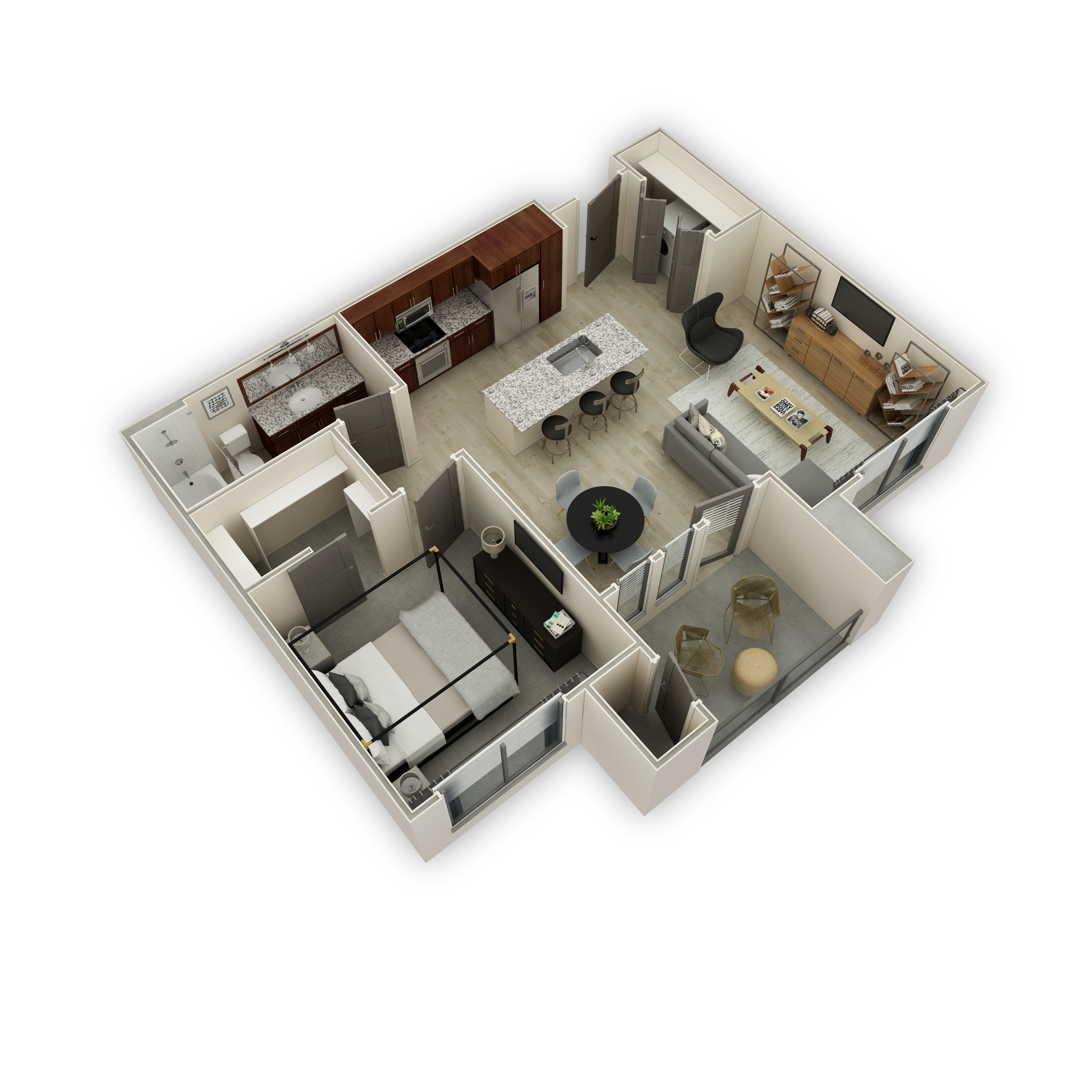 A 3D floor plan of a house with a kitchen, living room, and bathroom.