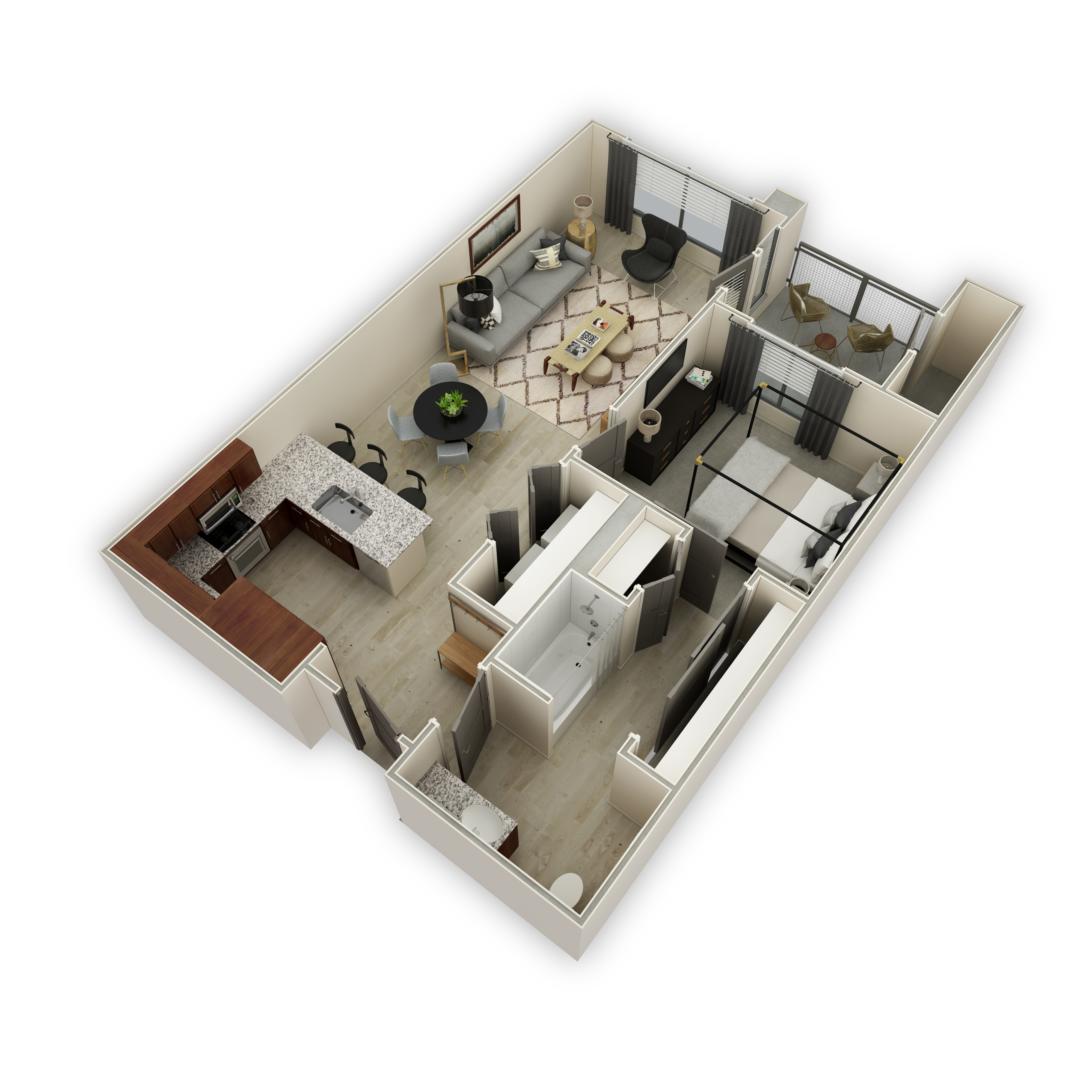 A 3D floor plan of a house with a kitchen, living room, dining room, and bedrooms.