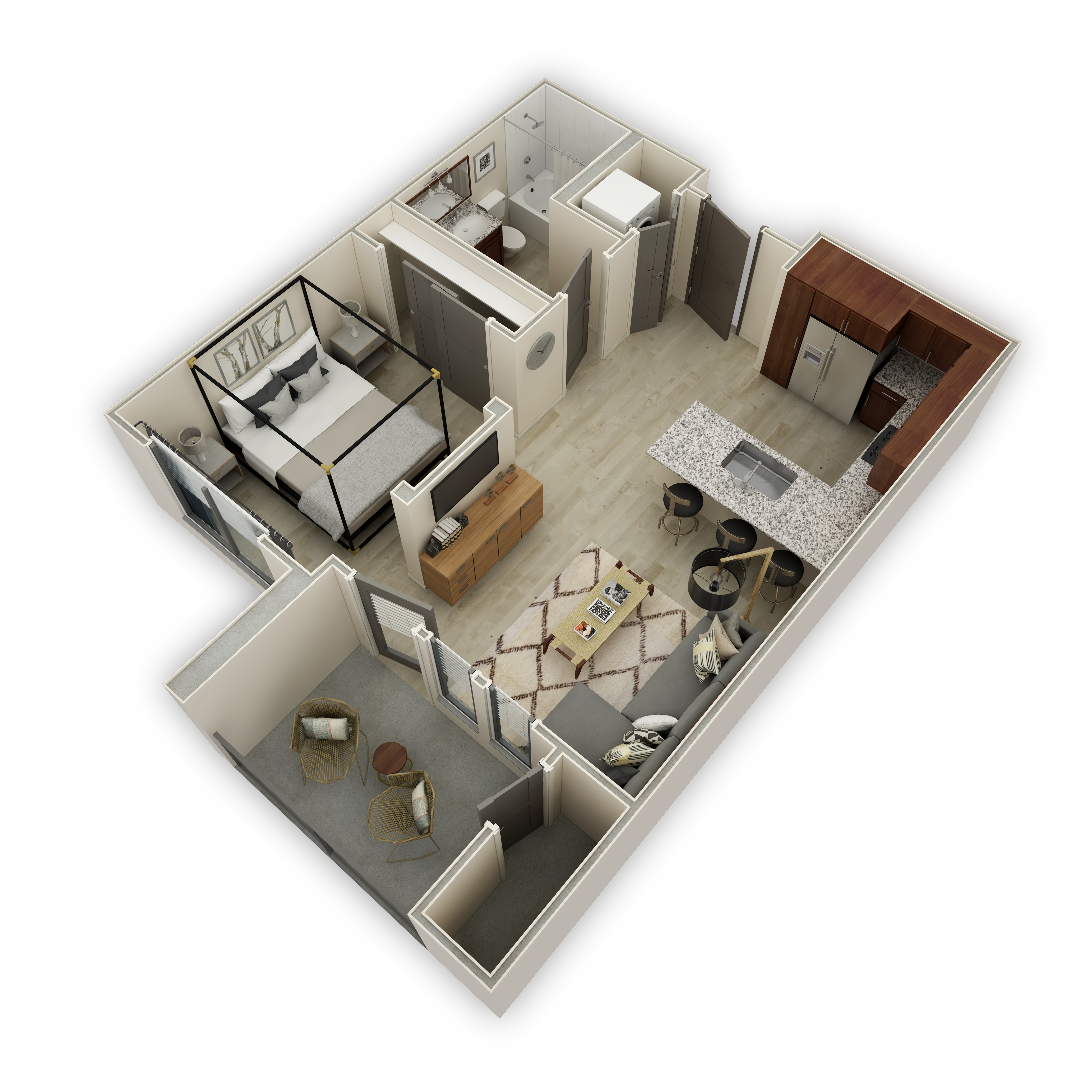 A 3D floor plan of a small apartment with a kitchen, living room, and bathroom.