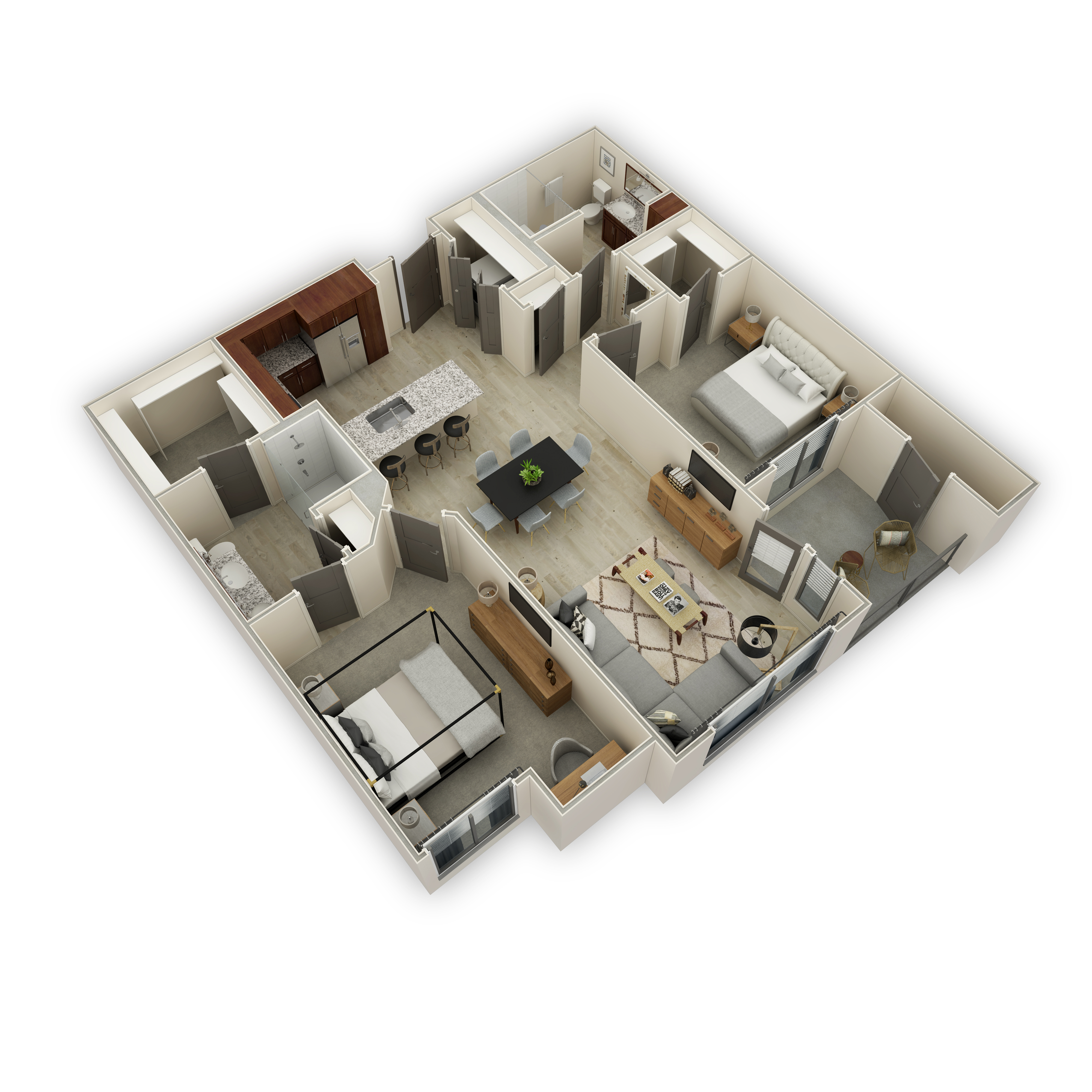 A 3D floor plan of a house with a kitchen, living room, dining room, and bedrooms.
