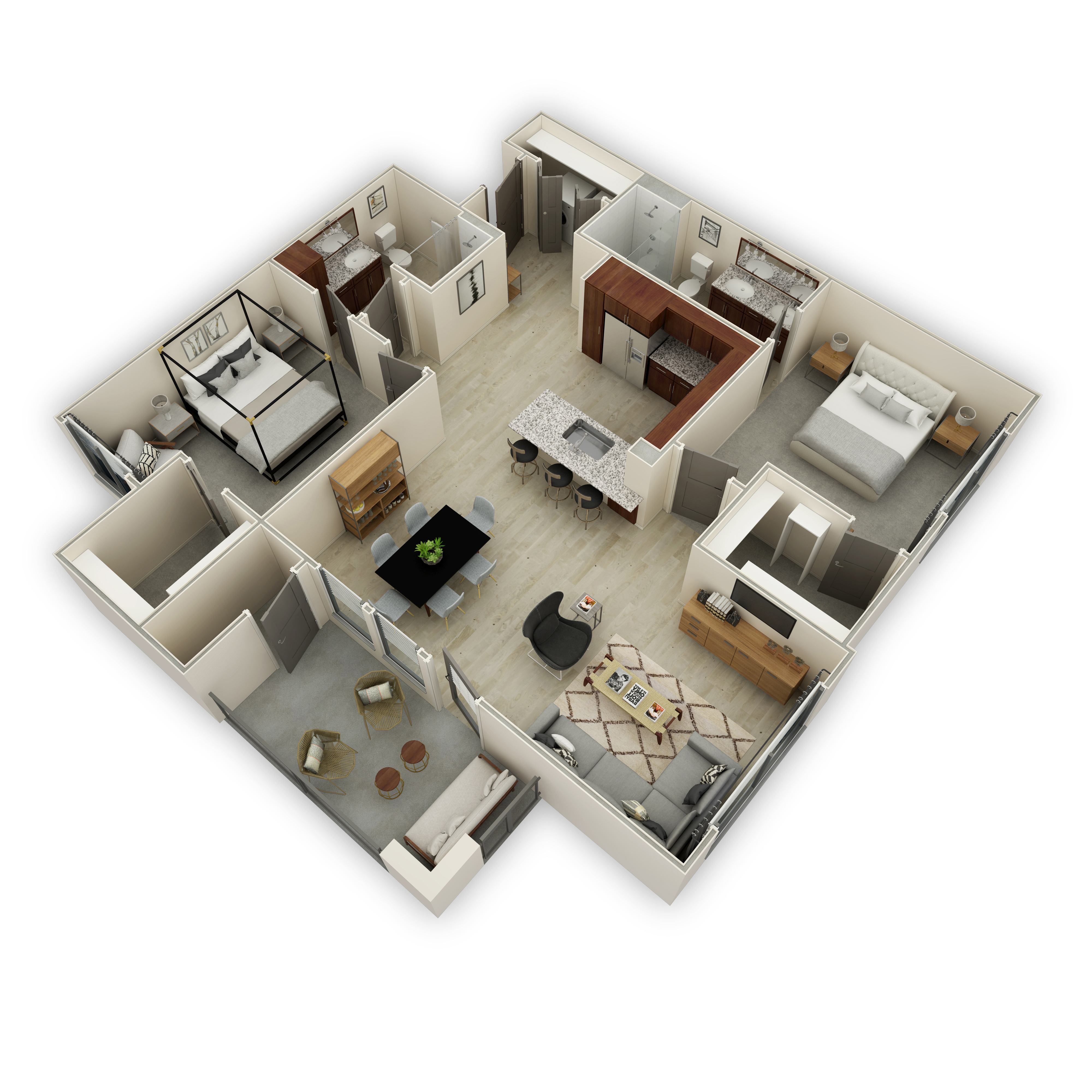 A 3D floor plan of a small apartment with two bedrooms and a living room.