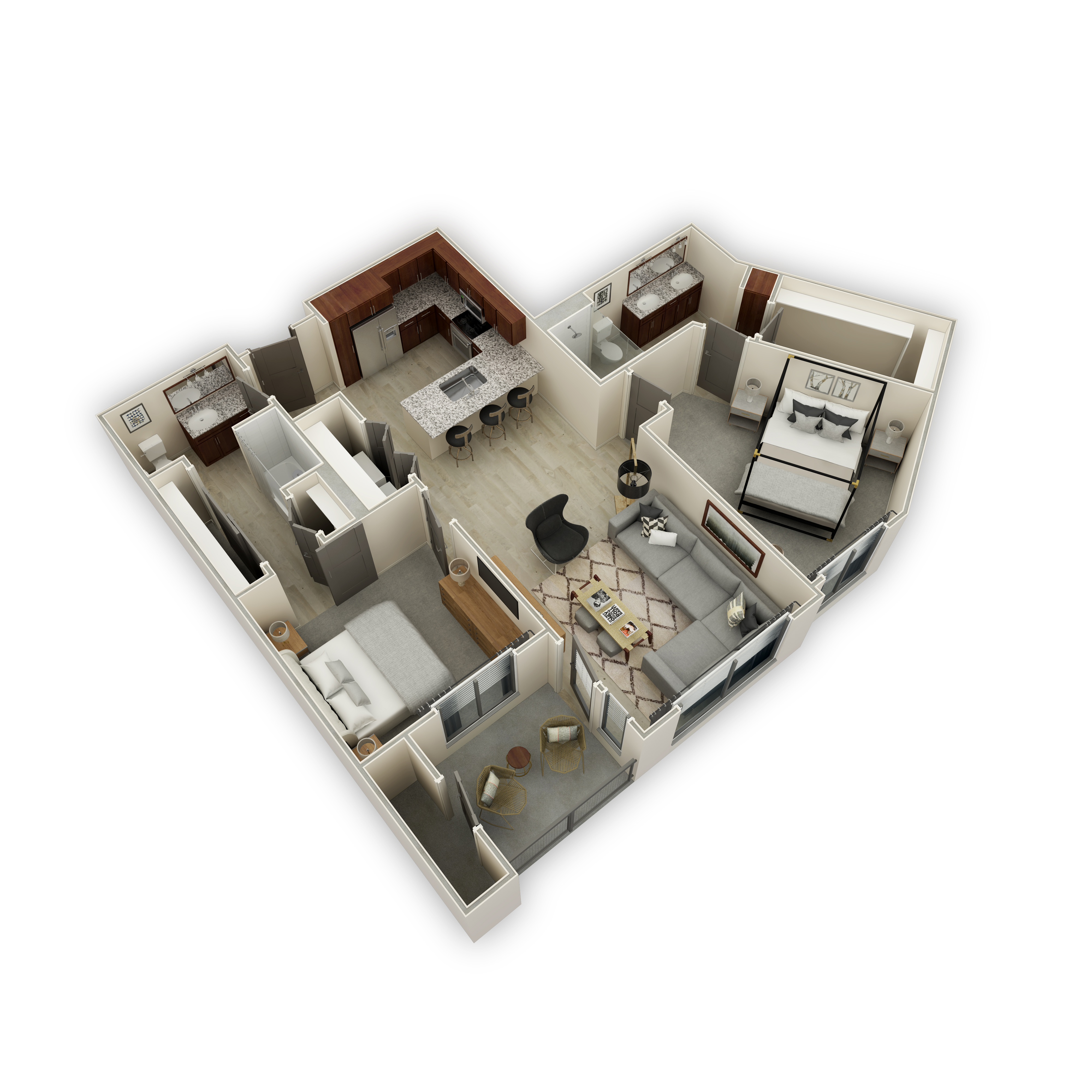 A 3D floor plan of a house with a kitchen, living room, and bedrooms.