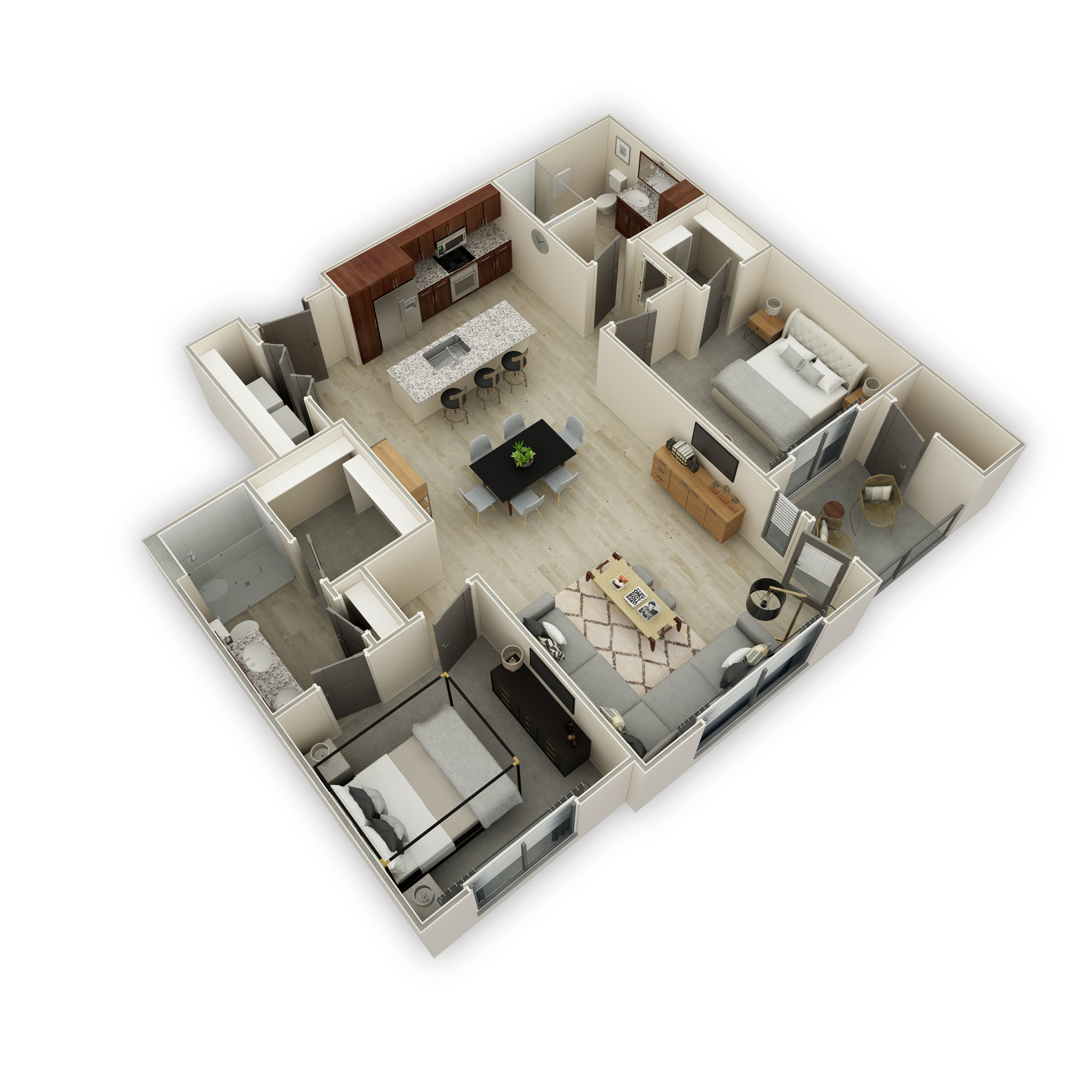 A 3D floor plan of a house with a kitchen, living room, dining room, and bedrooms.