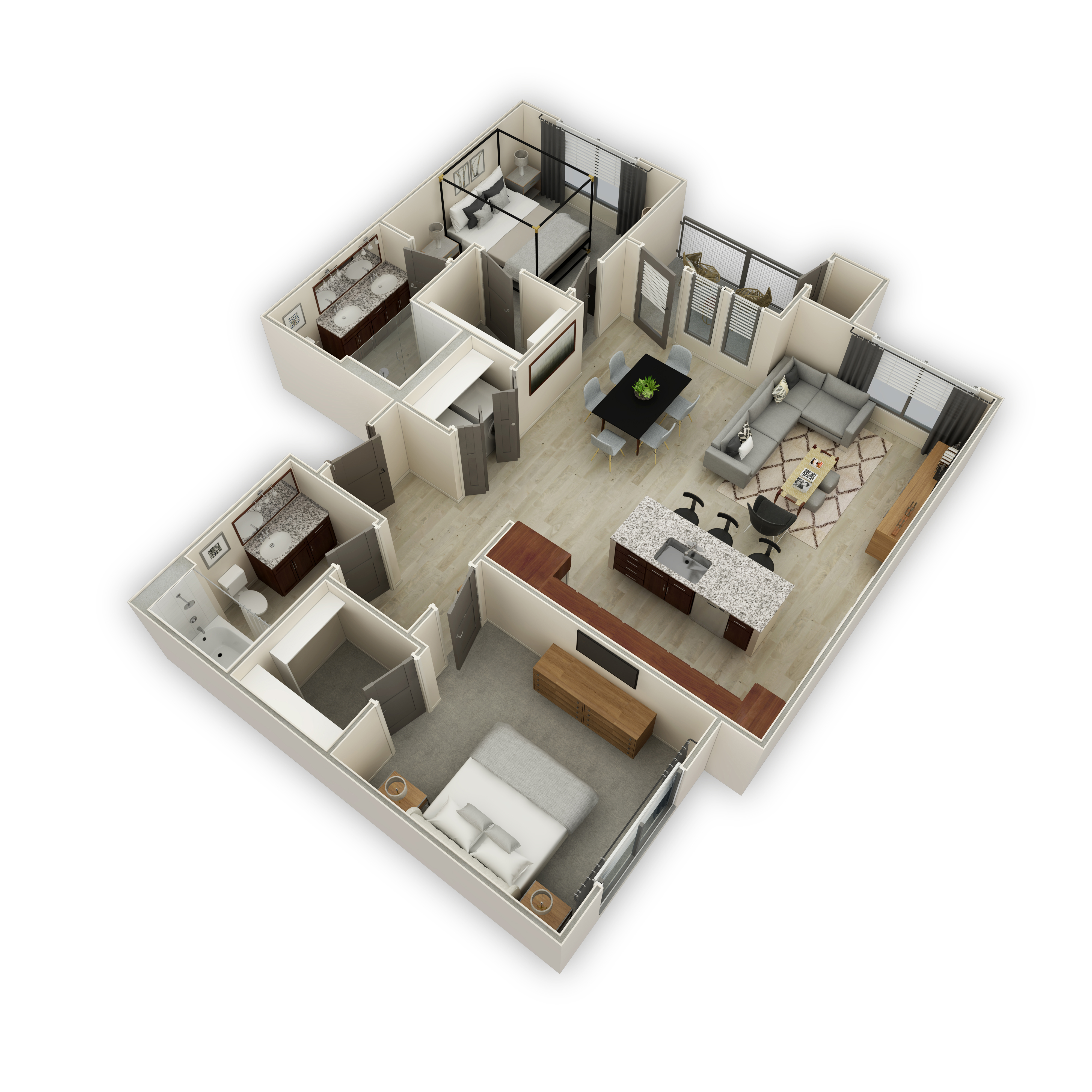 A 3D floor plan of a house with a kitchen, living room, and two bedrooms.