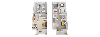 A floor plan of a two-story apartment with a garage for two cars.