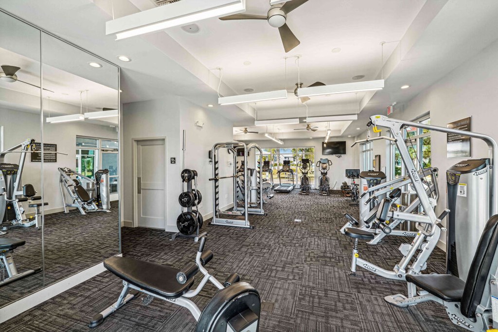 A spacious gym with a variety of equipment including treadmills, weights, and exercise machines.
