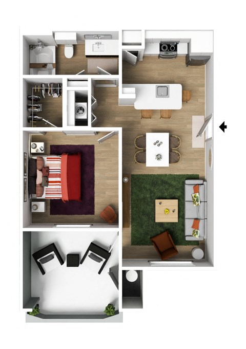 a stylized floor plan with a bedroom and living room