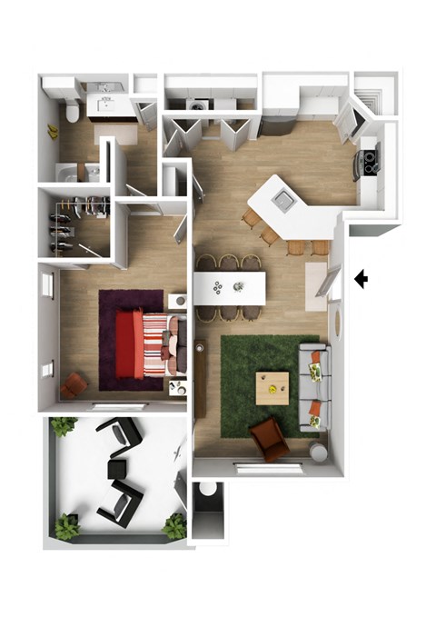 a stylized floor plan of a house with a bedroom and a living room