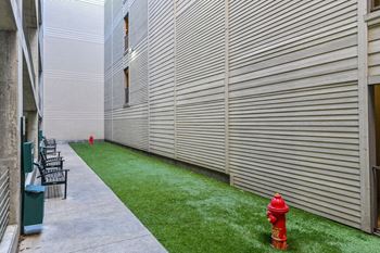 A red fire hydrant sits on a green lawn next to a building.