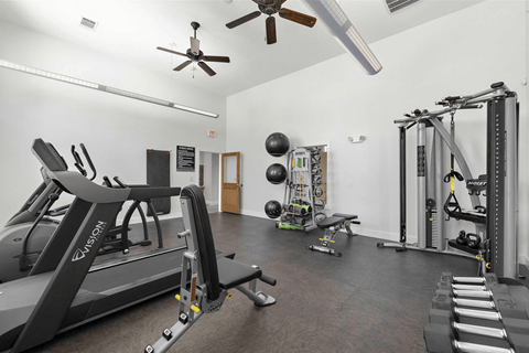 A spacious gym with treadmills, weights, and exercise equipment.