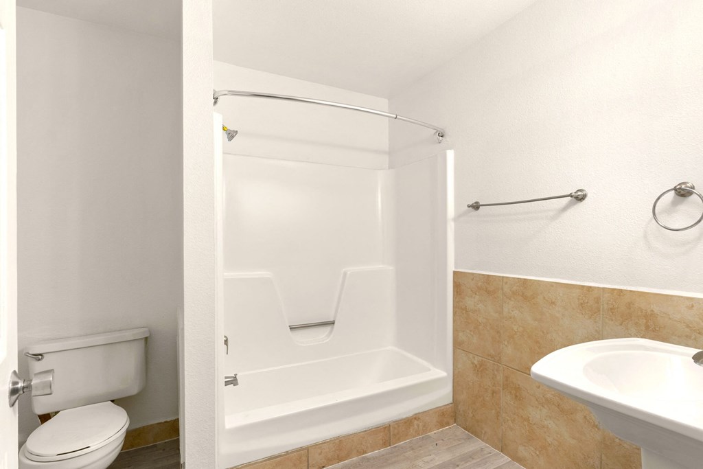 a bathroom with a shower and a toilet and a sink