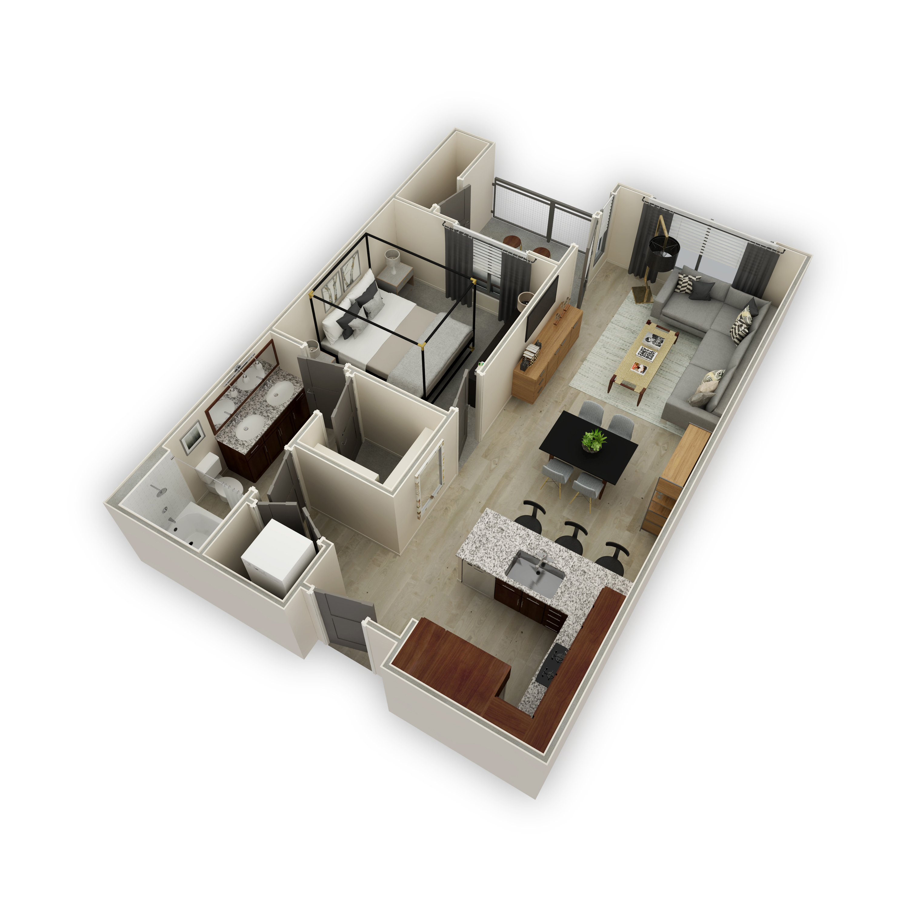 A 3D floor plan of a small apartment with a kitchen, living room, and bathroom.
