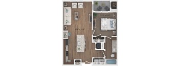 A floor plan of a two bedroom apartment with a living room, kitchen, and bathroom.