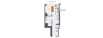 A floor plan of an apartment with a living room, bedroom, and kitchen.