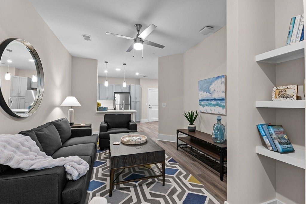 a living room with a couch and a coffee table