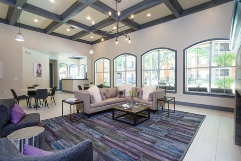 A living room with a purple rug and a grey couch.