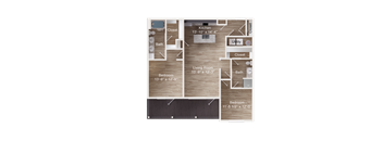 2-bedroom apartment entry next to coat closet and utility closet. Hallway into kitchen with island, pantry, second closet. Living room ahead into large balcony. Hallway into Bedroom 1 with bath access and closet. Bedroom 2 with balcony access, dual vanity bath, walk-in closet.