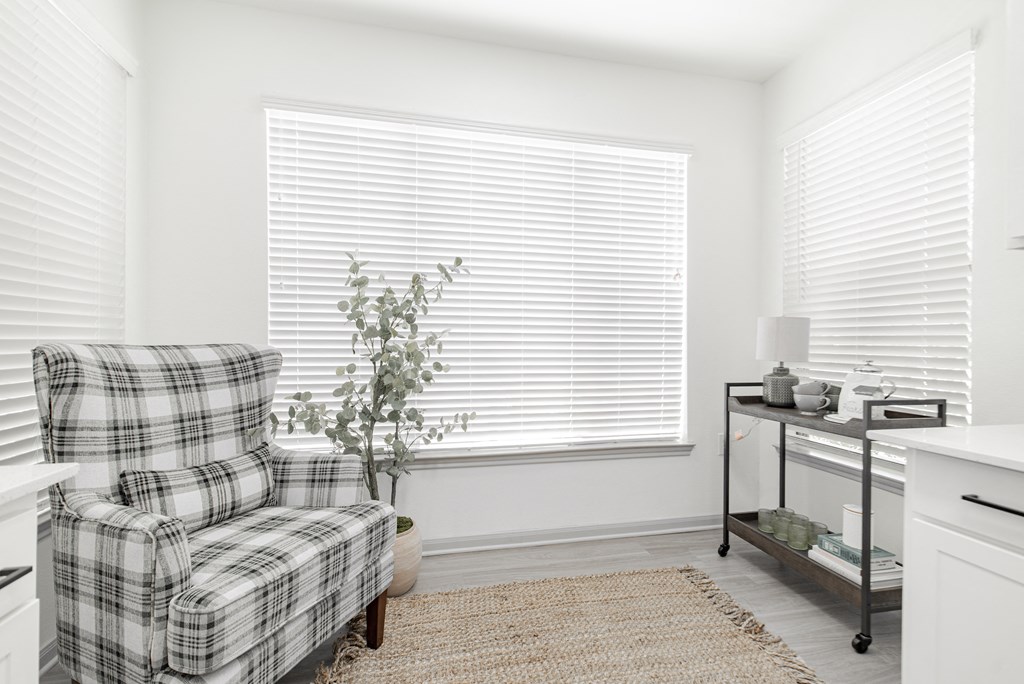 a living room with a plaid chair and a window with white blinds