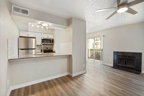 a living room with a fireplace and a kitchen