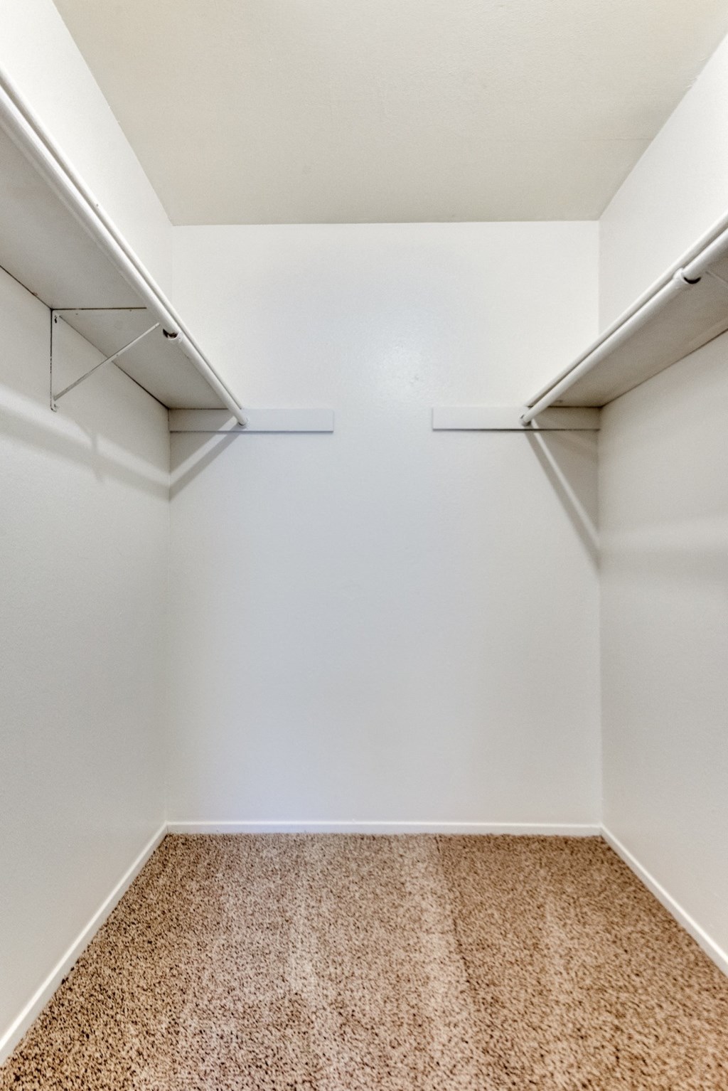 an empty closet with two shelves and a carpeted floor