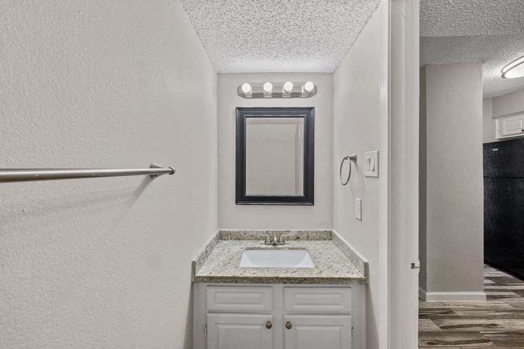 A bathroom with a sink and a mirror.