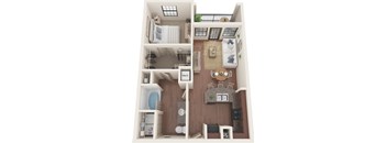 A top-down view of a small apartment with a bedroom, living room, and kitchen.