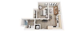 A top-down view of a small apartment with a kitchen, living room, and bathroom.