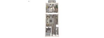 A 1 bedroom apartment layout with a kitchen and living room.