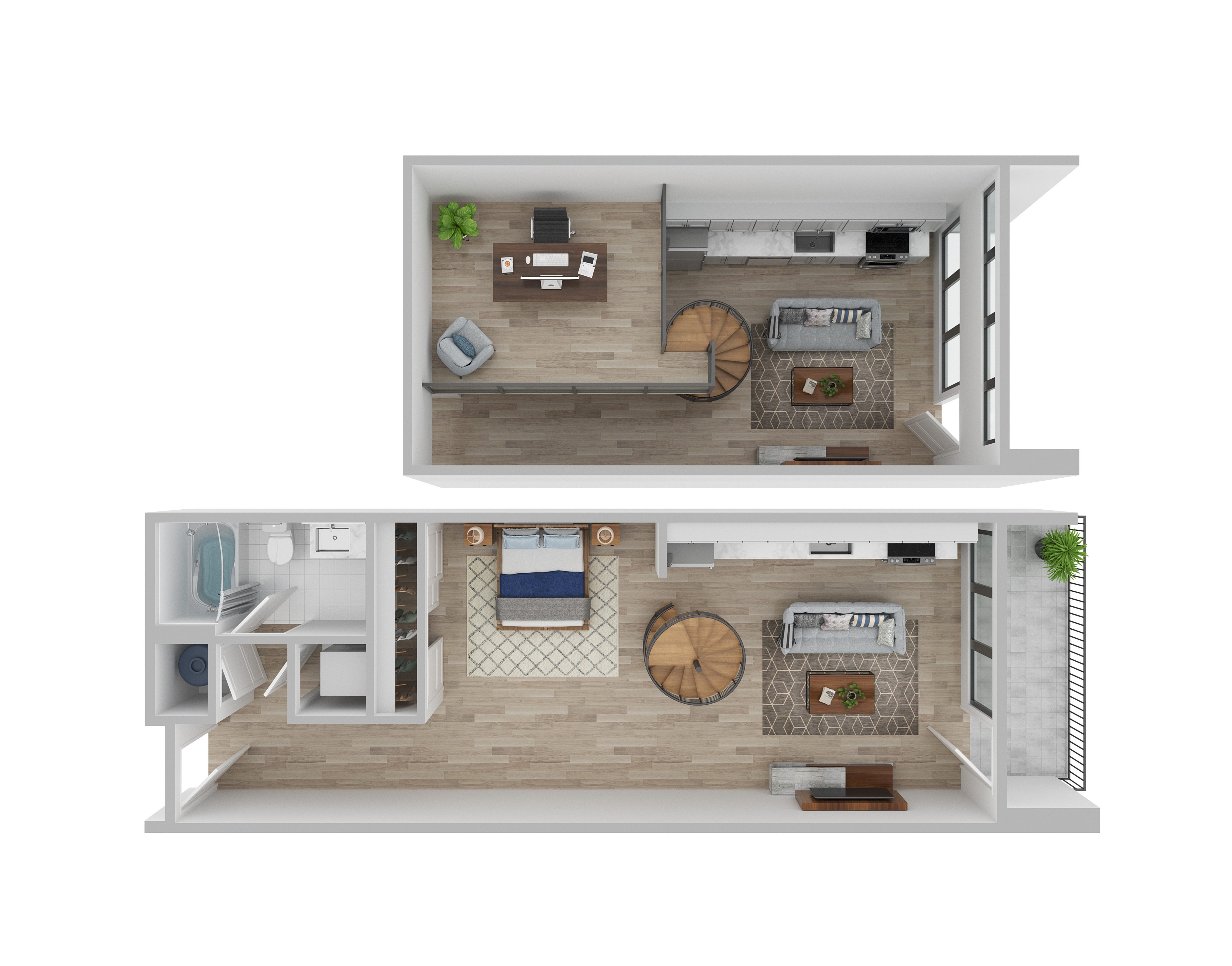 A top-down view of a small apartment with a kitchen, living room, and bedroom.