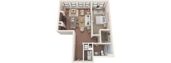 A cutaway view of a house showing a kitchen, dining area, living room, and bathrooms.