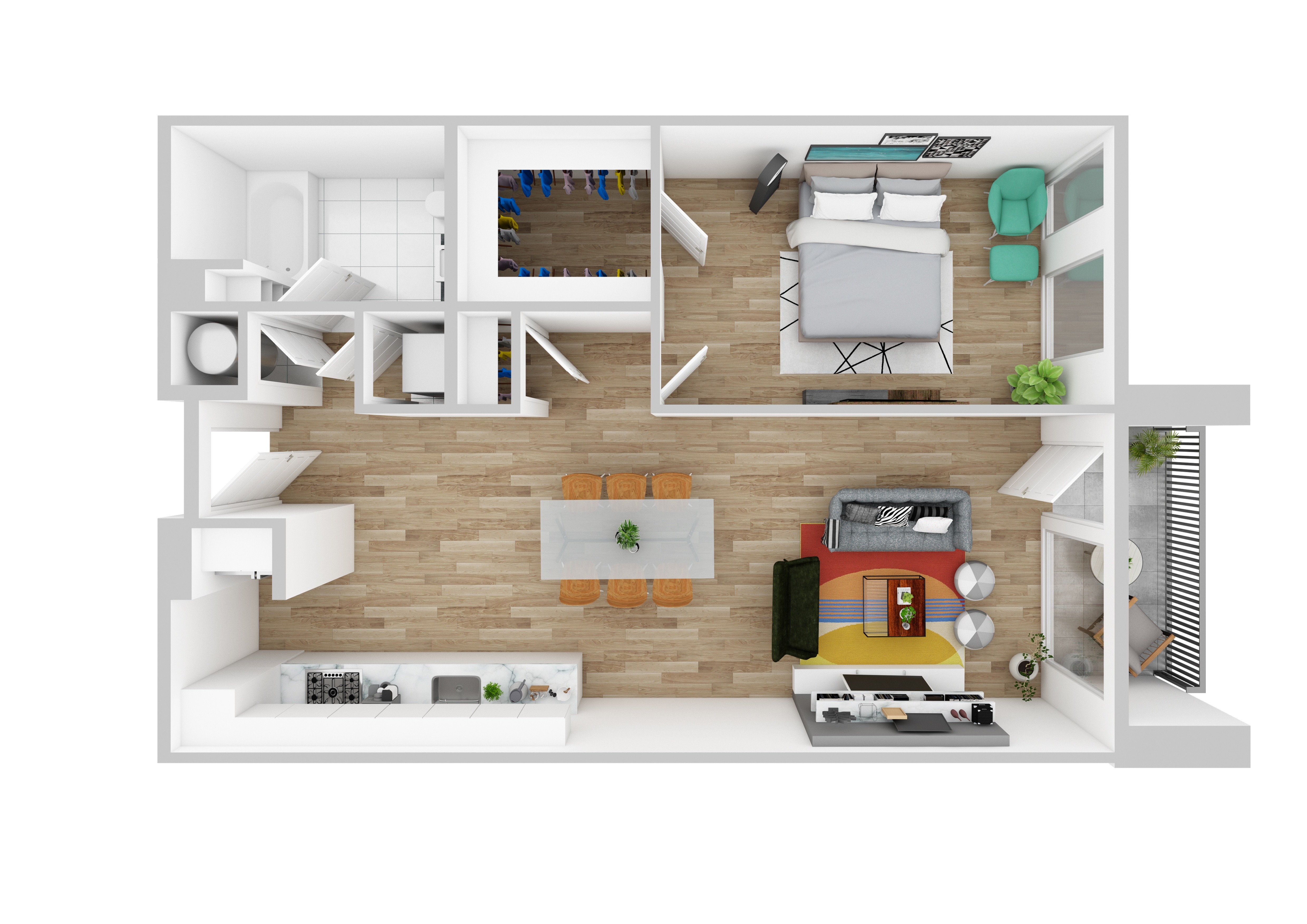 A top-down view of a modern apartment with a kitchen, living room, and dining area.