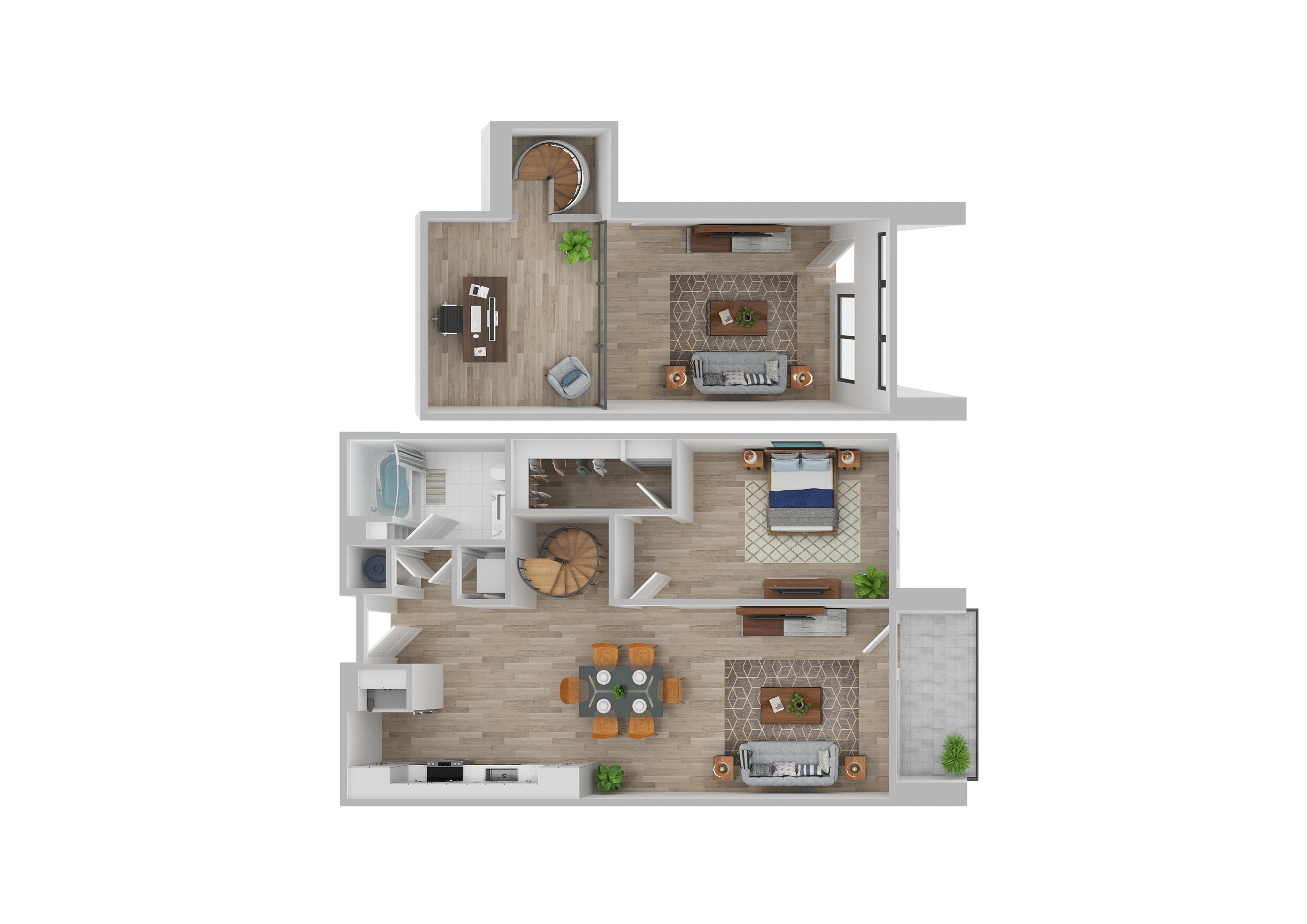 A 3D floor plan of a two-story house with a living room, kitchen, and bedrooms.