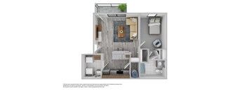 A floor plan of a small apartment with a kitchen, living room, and bathroom.