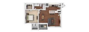 A 3D floor plan of a house showing a kitchen, living room, and two bedrooms.