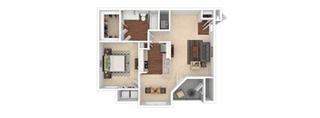 A floor plan of a house with a kitchen, living room, and two bedrooms.