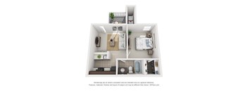 A 3D floor plan of a small apartment with a kitchen, living room, and bathroom.