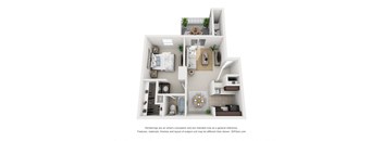 A 3D floor plan of a small apartment with a kitchen, living room, and bedrooms.