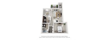A 3D floor plan of a small apartment with a kitchen, living room, and bedroom.