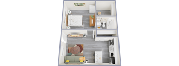 a top down view of a 1 bedroom apartment with a living room and kitchen