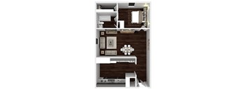 A 3D rendered image of a small apartment layout.