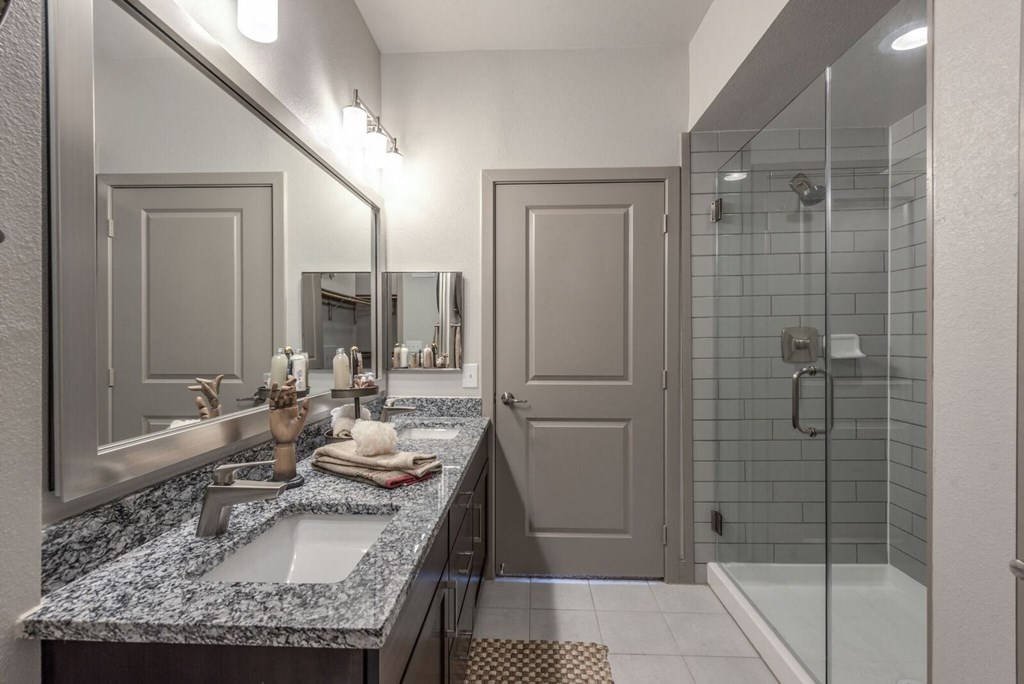 a bathroom with a sink and a shower