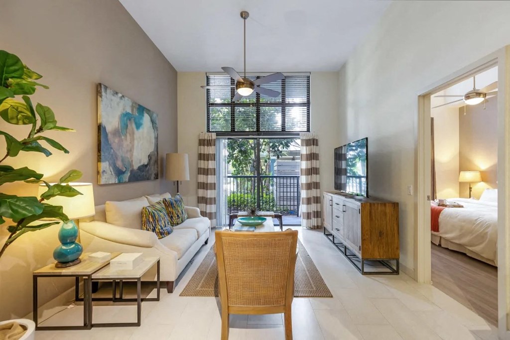 a living room with a couch and a table