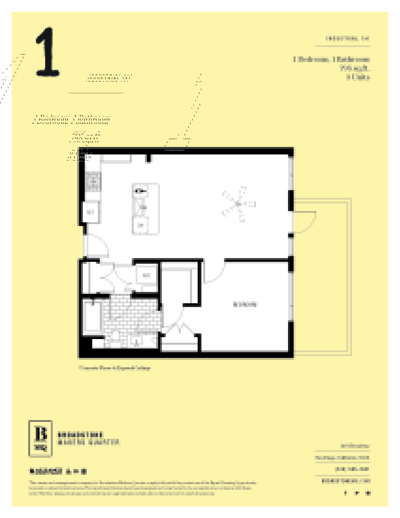 A floor plan for a 1 Bedroom, 1 Bathroom unit at Industrial 141.