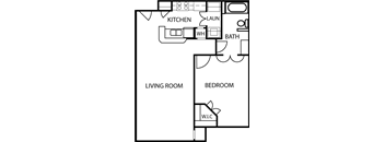 A floor plan of a small apartment with a living room, bedroom, kitchen, and bathroom.