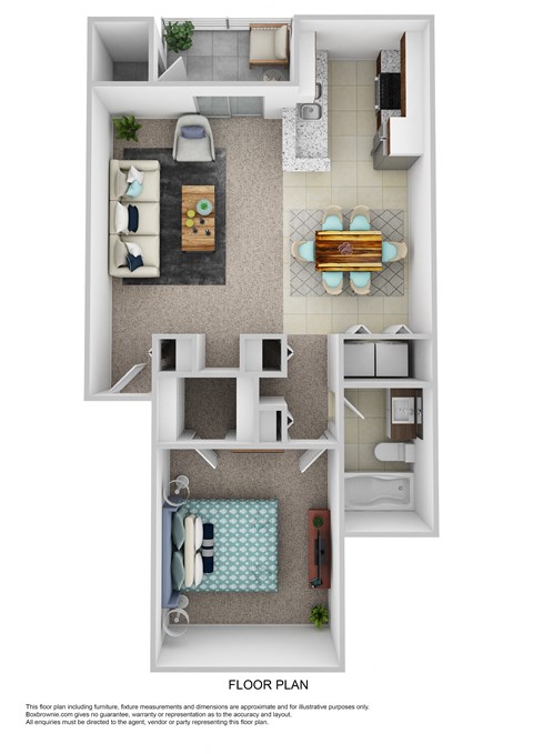 a stylized floor plan of a 1 bedroom apartment