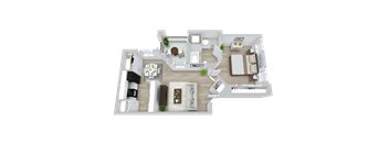 A 3D floor plan of a house with a kitchen, living room, and two bedrooms.