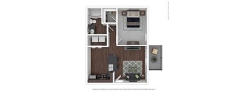 A floor plan of a small apartment with a kitchen, living room, and bathroom.